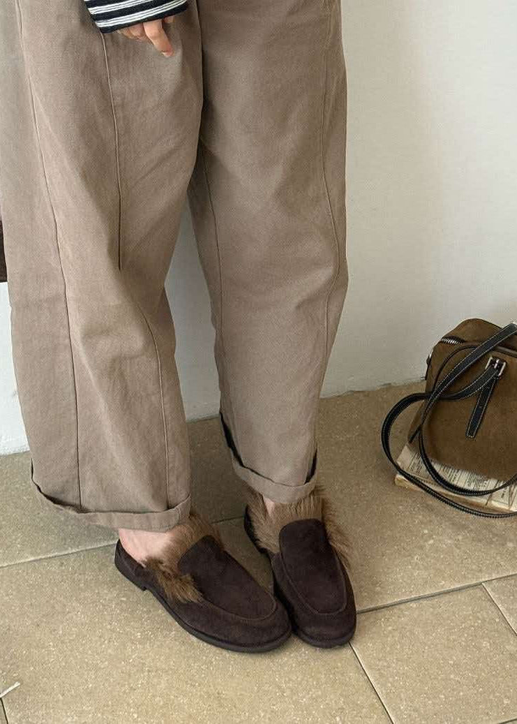 Suede Leather Loafers with Plush Fur Trim and Low Heel