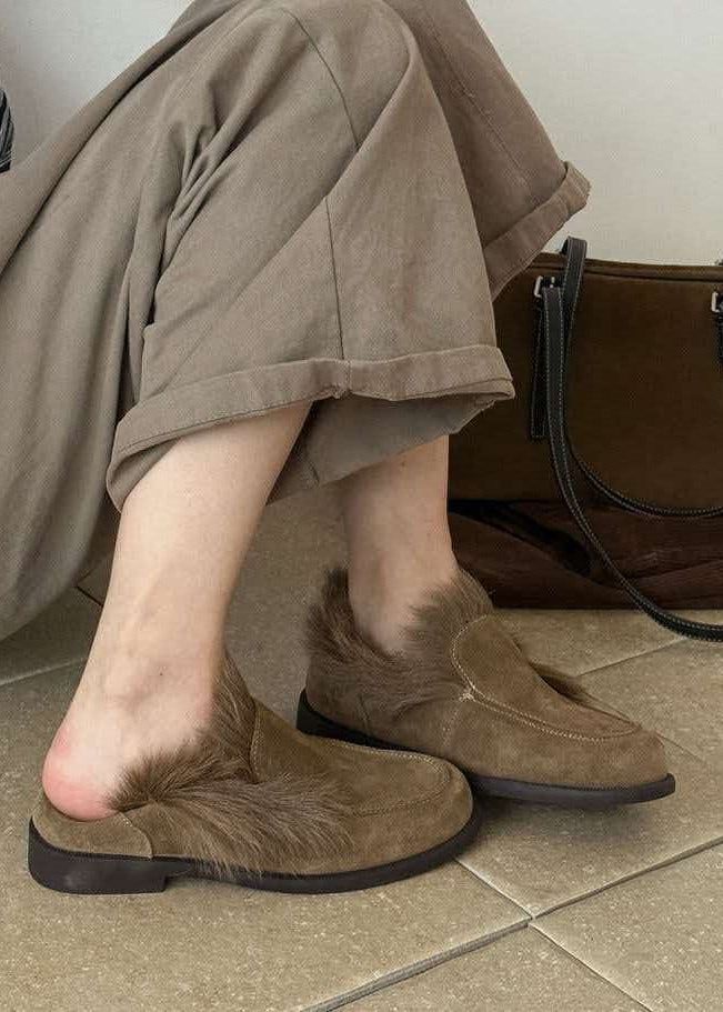 Suede Leather Loafers with Plush Fur Trim and Low Heel