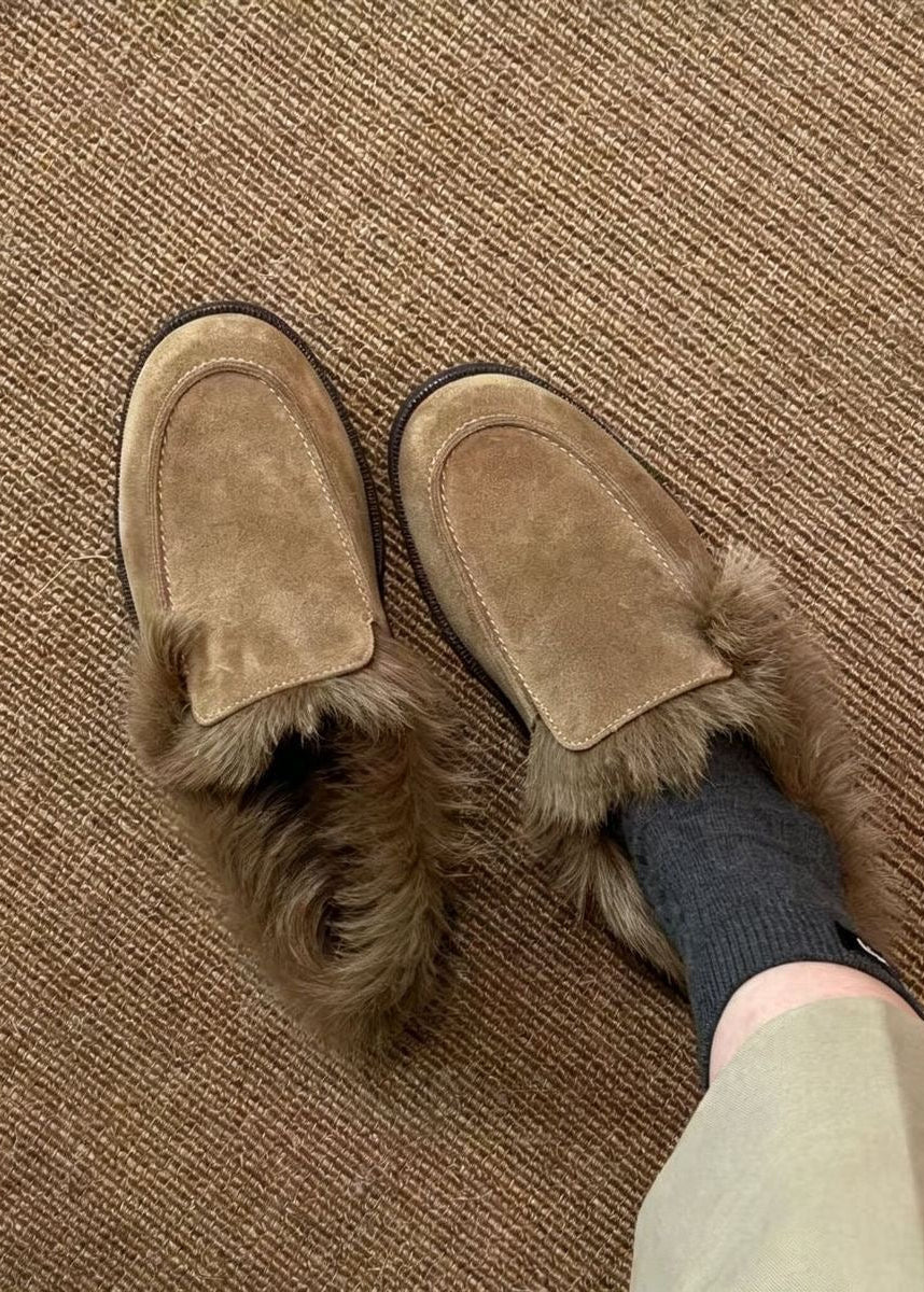 Suede Leather Loafers with Plush Fur Trim and Low Heel