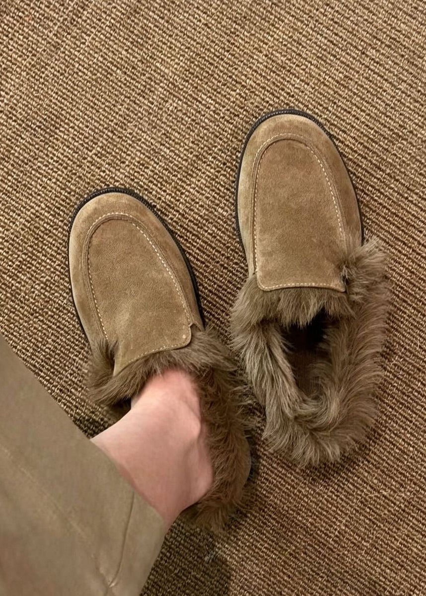 Suede Leather Loafers with Plush Fur Trim and Low Heel