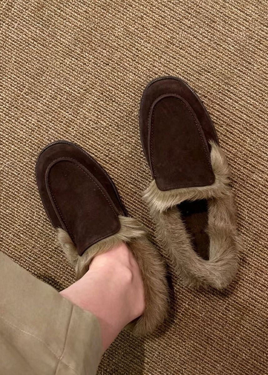 Suede Leather Loafers with Plush Fur Trim and Low Heel