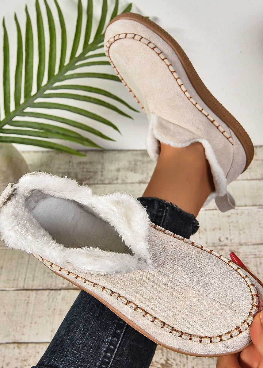 Beige Suede-Look Ankle Boots with Faux Fur Lining and Moc-Toe Stitching