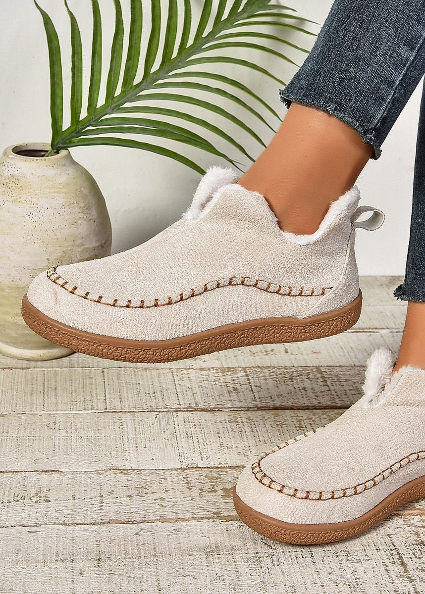 Beige Suede-Look Ankle Boots with Faux Fur Lining and Moc-Toe Stitching