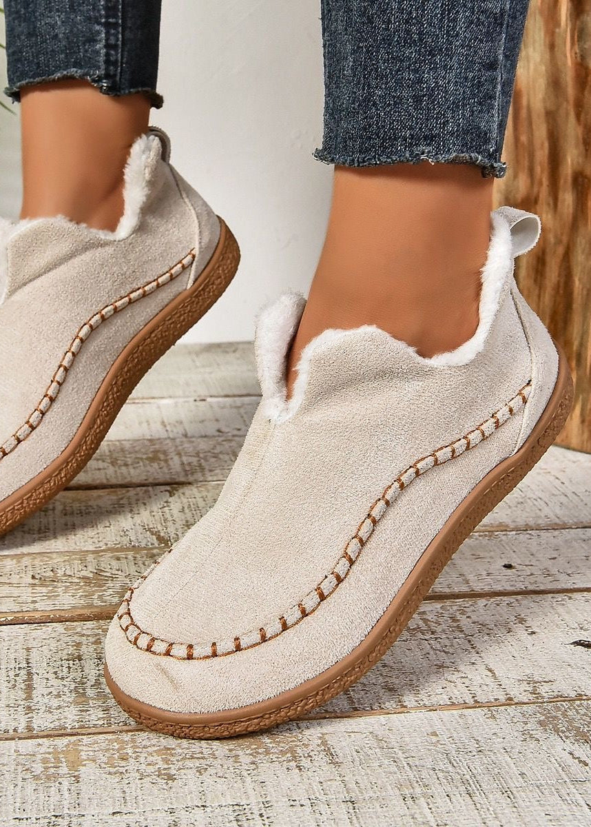 Beige Suede-Look Ankle Boots with Faux Fur Lining and Moc-Toe Stitching