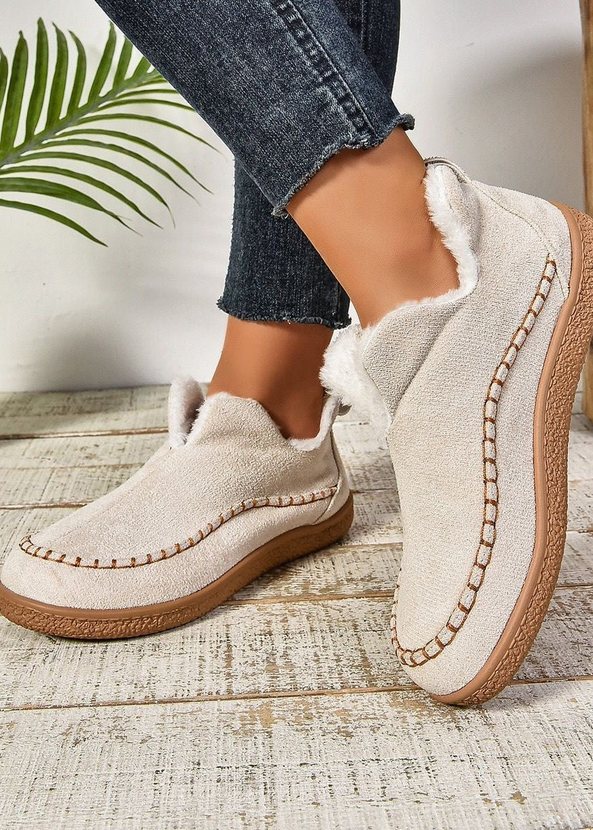 Beige Suede-Look Ankle Boots with Faux Fur Lining and Moc-Toe Stitching