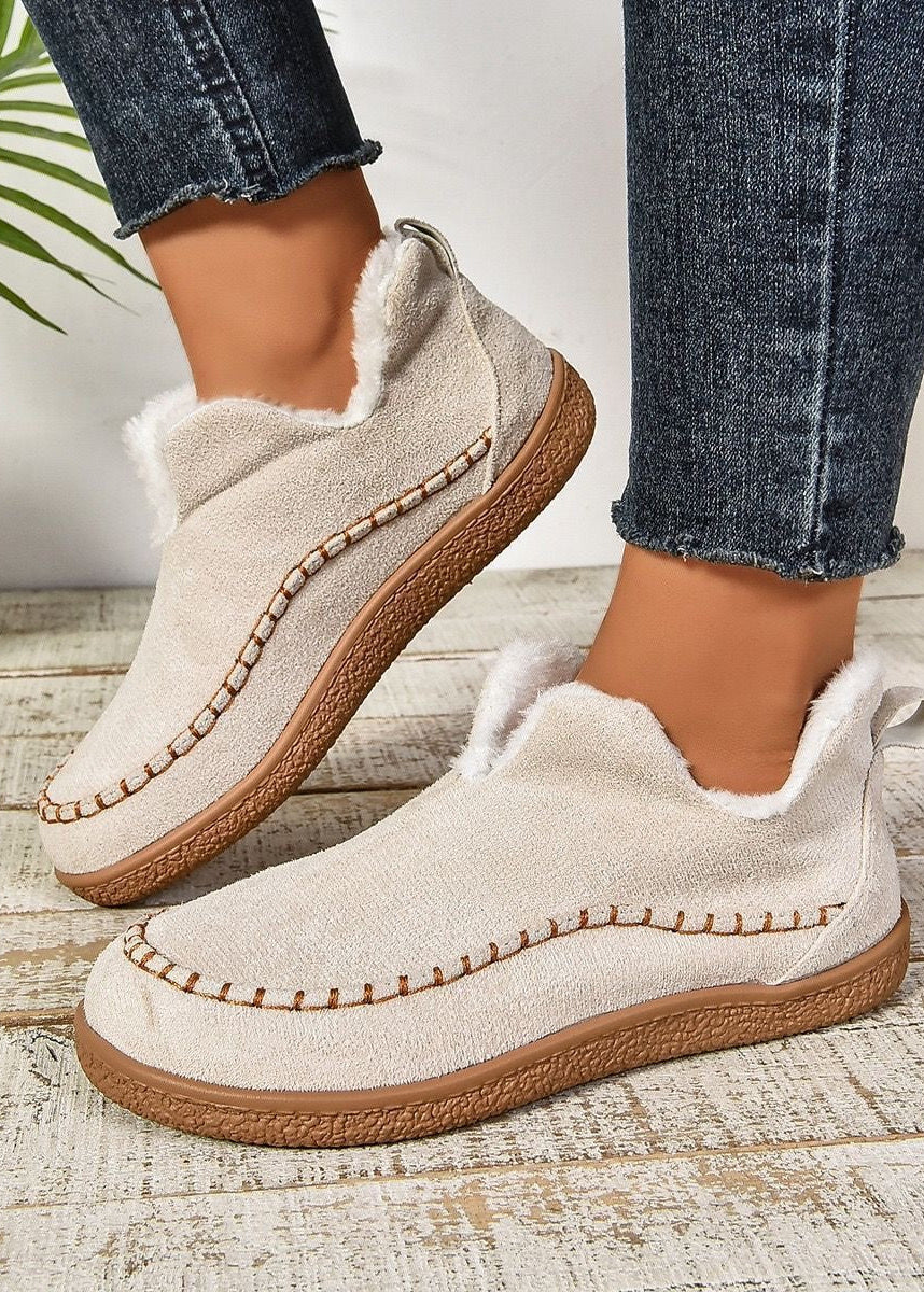 Beige Suede-Look Ankle Boots with Faux Fur Lining and Moc-Toe Stitching