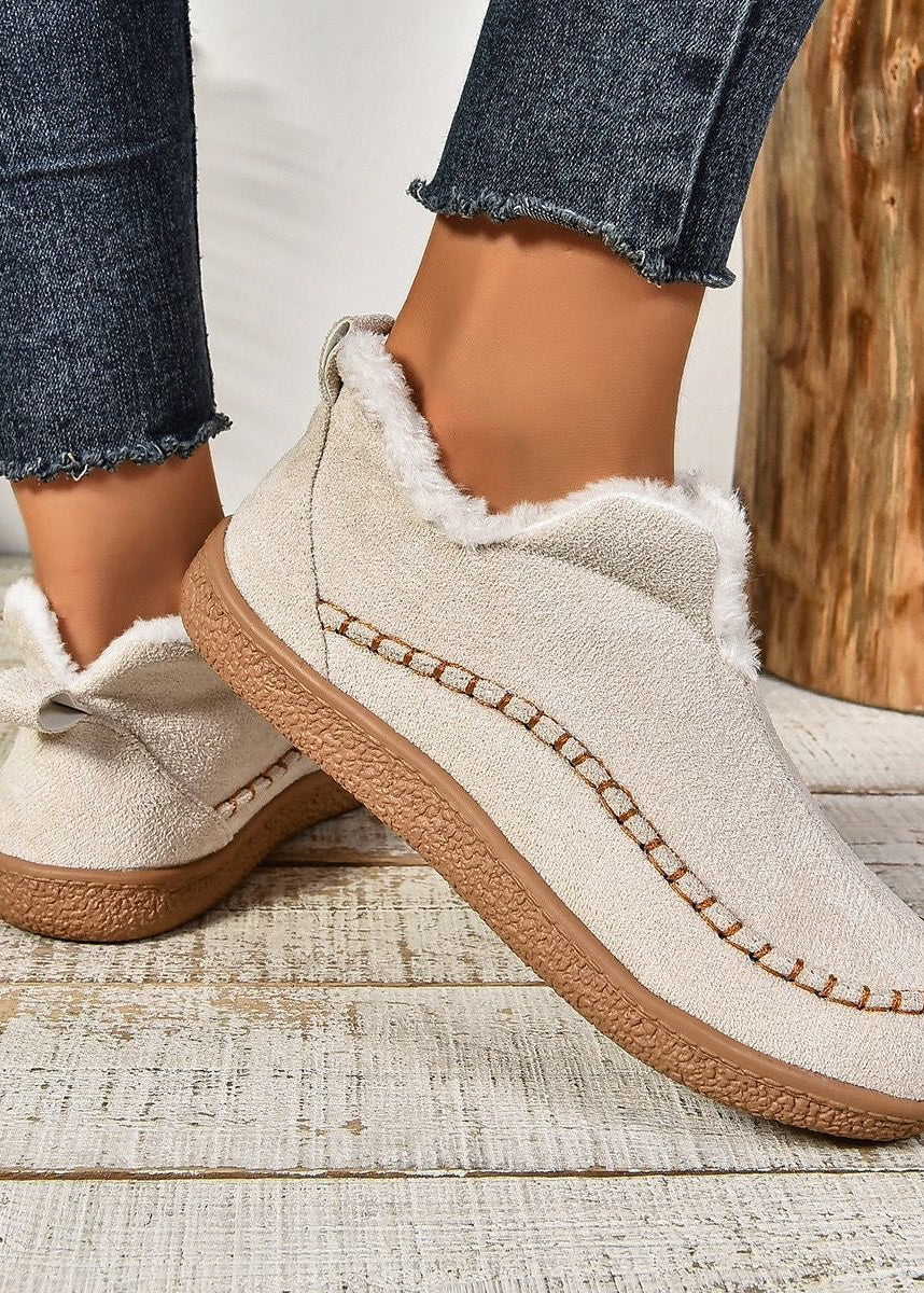 Beige Suede-Look Ankle Boots with Faux Fur Lining and Moc-Toe Stitching