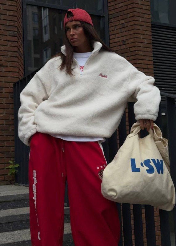 Oversized Sherpa Fleece Half-Zip Pullover with Stand Collar