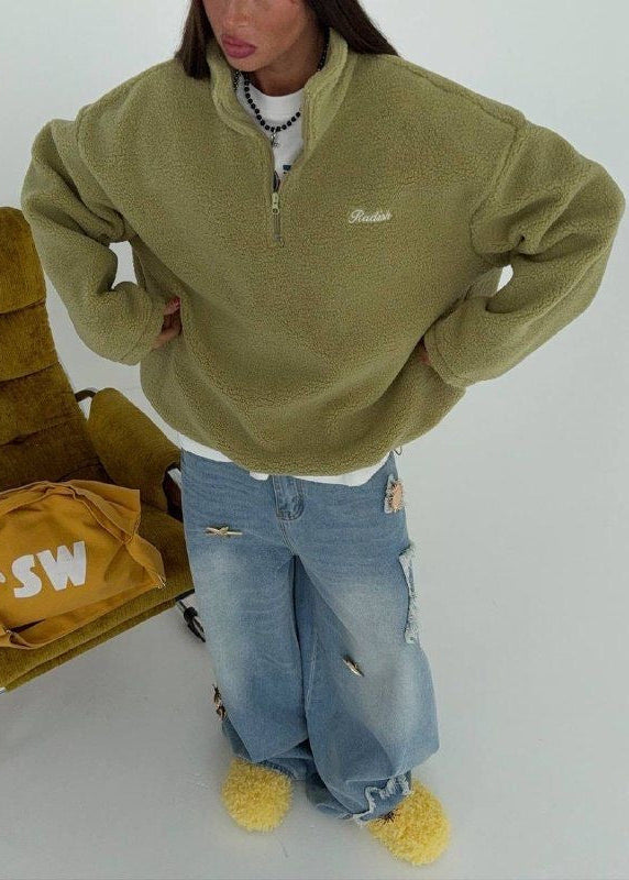 Oversized Sherpa Fleece Half-Zip Pullover with Stand Collar