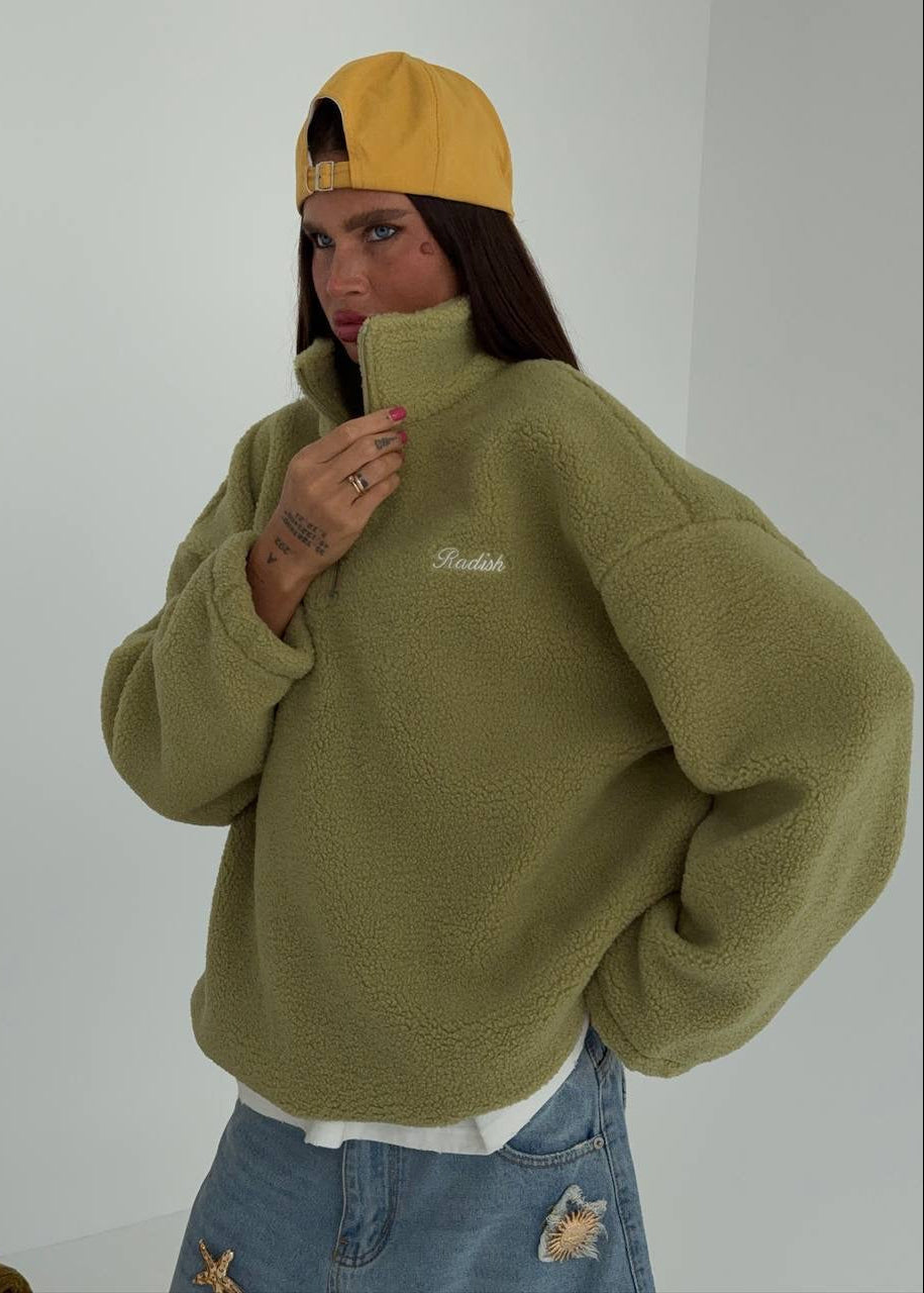 Oversized Sherpa Fleece Half-Zip Pullover with Stand Collar