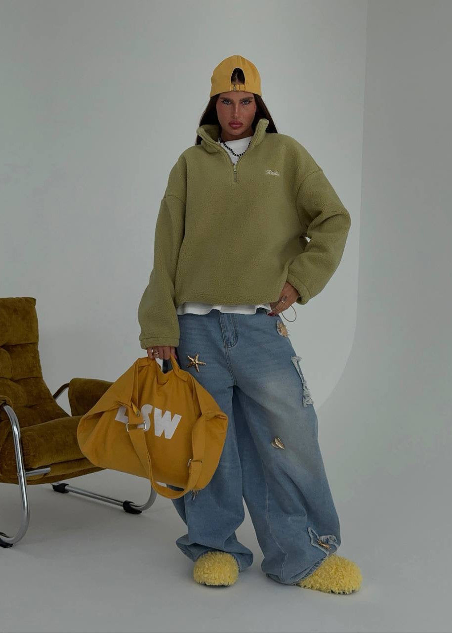 Oversized Sherpa Fleece Half-Zip Pullover with Stand Collar