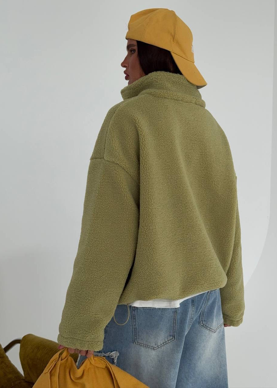 Oversized Sherpa Fleece Half-Zip Pullover with Stand Collar
