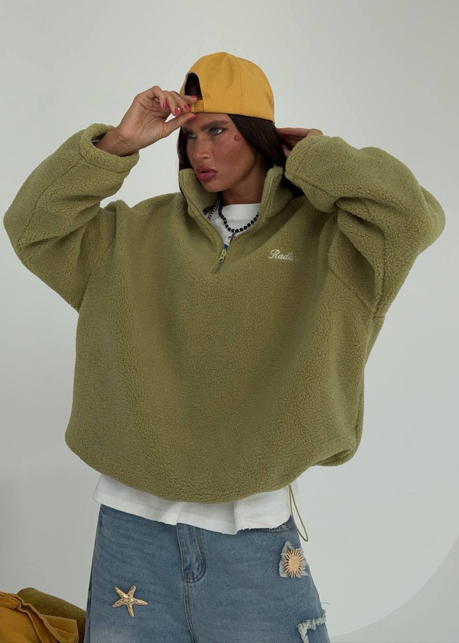 Oversized Sherpa Fleece Half-Zip Pullover with Stand Collar