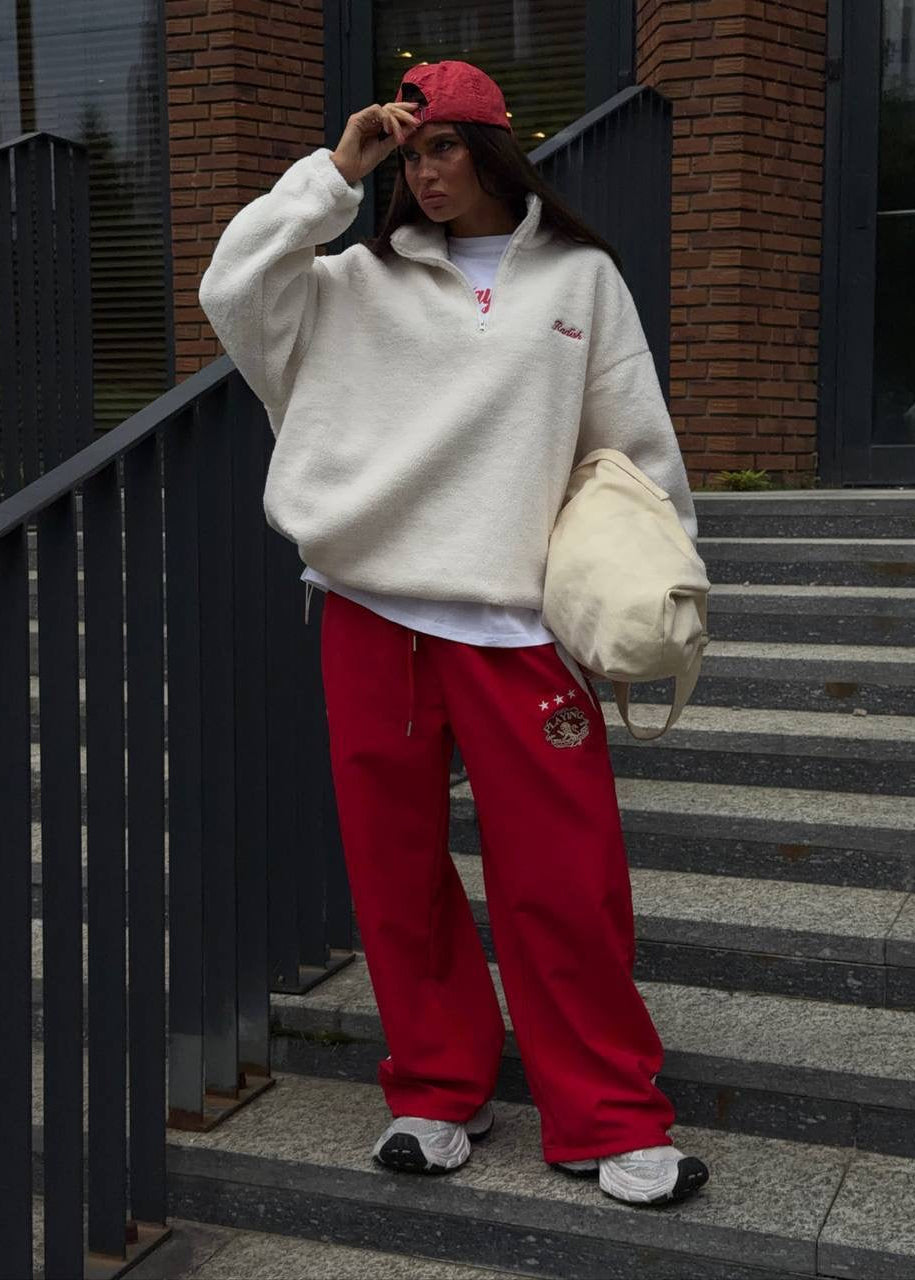 Oversized Sherpa Fleece Half-Zip Pullover with Stand Collar