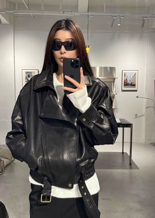Raven Oversized Faux Leather Moto Jacket - Buckle Detail