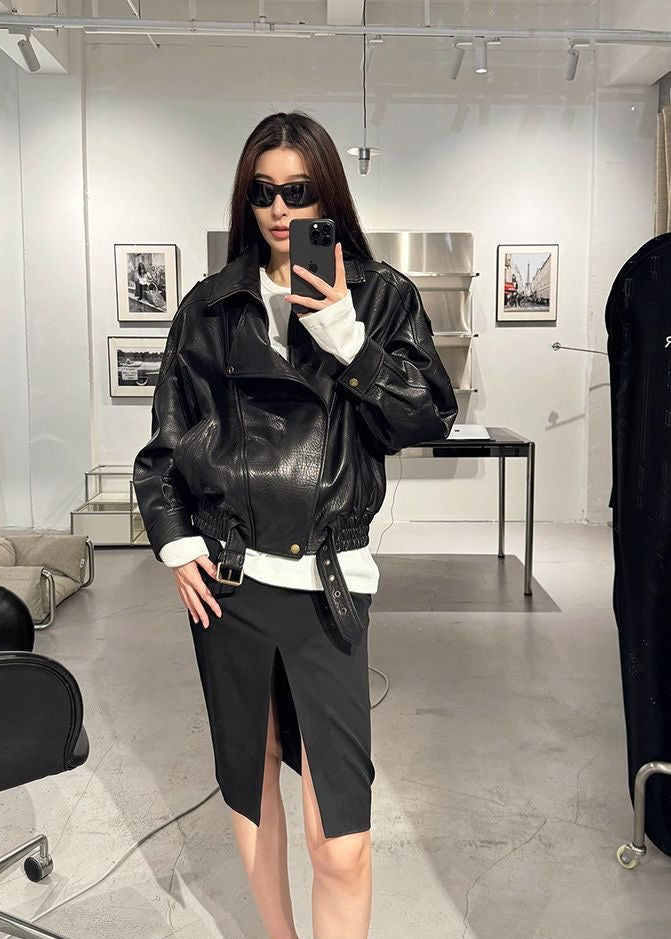 Raven Oversized Faux Leather Moto Jacket - Buckle Detail