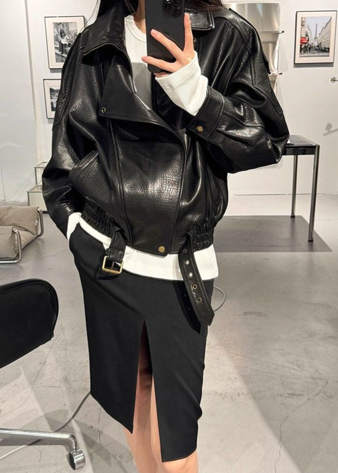 Raven Oversized Faux Leather Moto Jacket - Buckle Detail