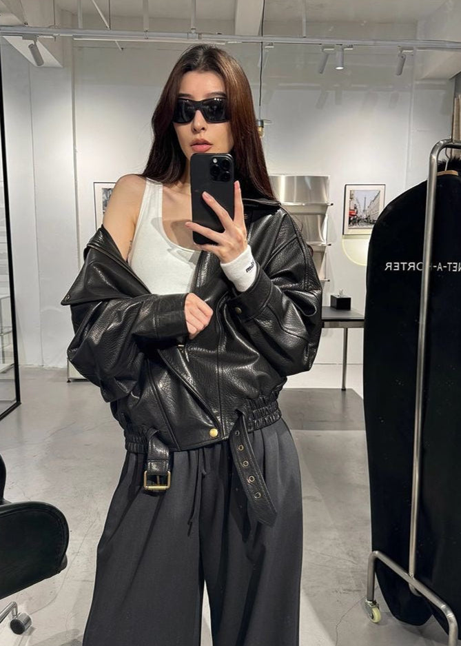 Raven Oversized Faux Leather Moto Jacket - Buckle Detail