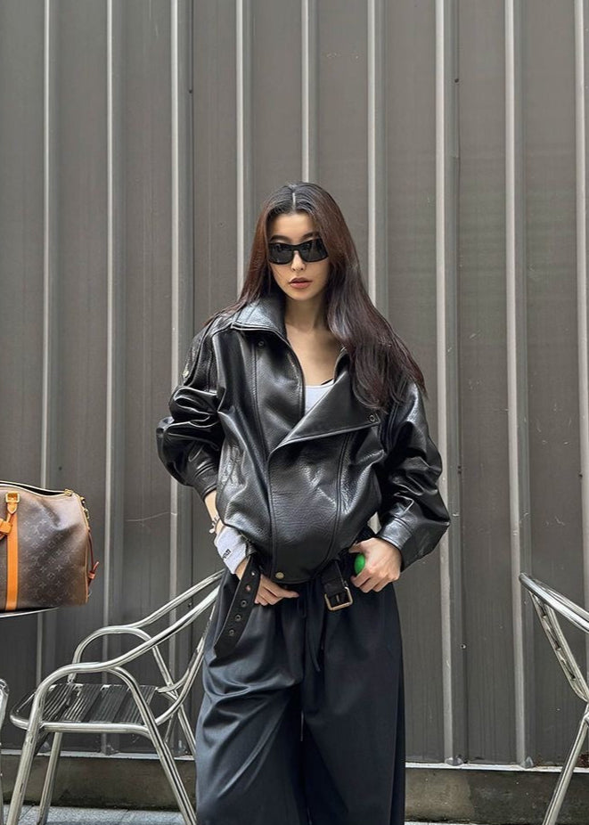 Raven Oversized Faux Leather Moto Jacket - Buckle Detail