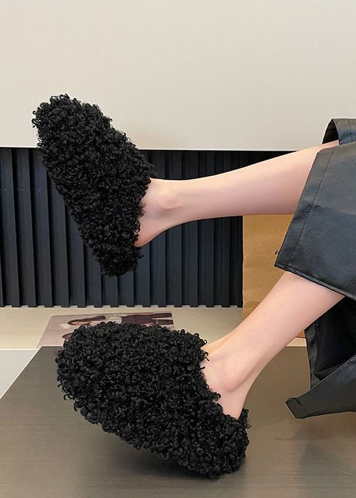 Curly Teddy Fur Platform Slippers with Closed Toe