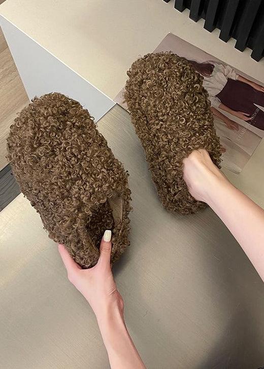 Curly Teddy Fur Platform Slippers with Closed Toe