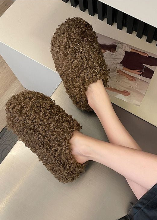 Curly Teddy Fur Platform Slippers with Closed Toe