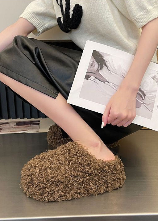 Curly Teddy Fur Platform Slippers with Closed Toe