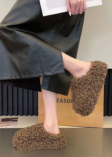 Curly Teddy Fur Platform Slippers with Closed Toe