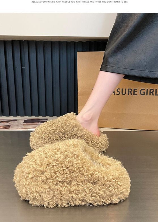 Curly Teddy Fur Platform Slippers with Closed Toe