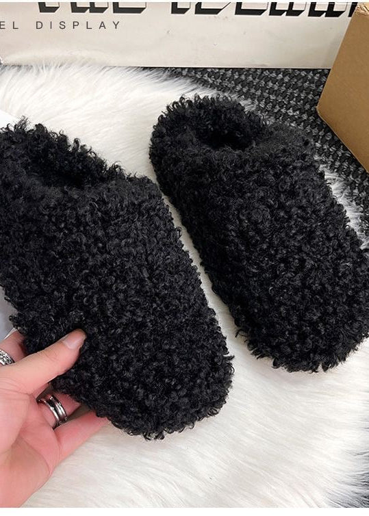 Curly Teddy Fur Platform Slippers with Closed Toe