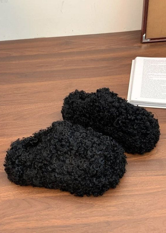 Curly Teddy Fur Platform Slippers with Closed Toe