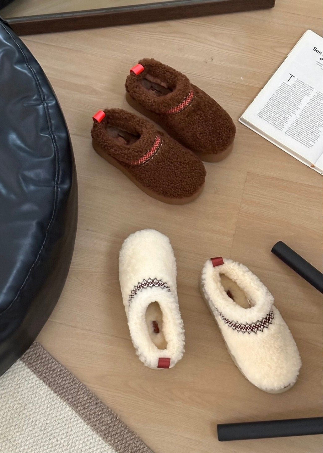 Teddy Fleece Platform Slippers with Contrast Stitching