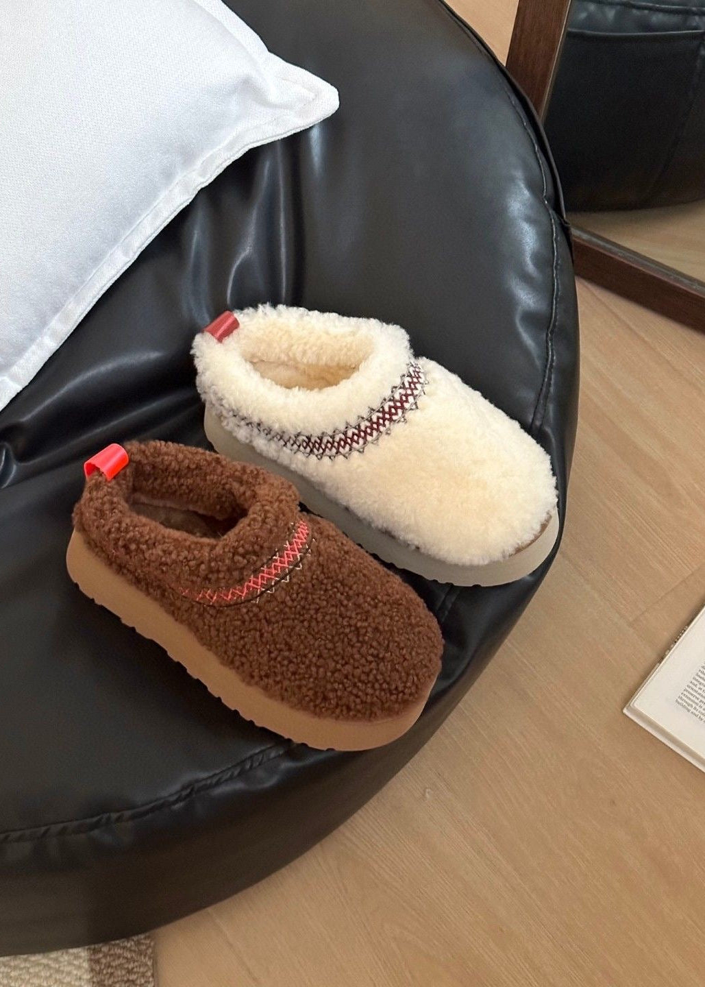 Teddy Fleece Platform Slippers with Contrast Stitching