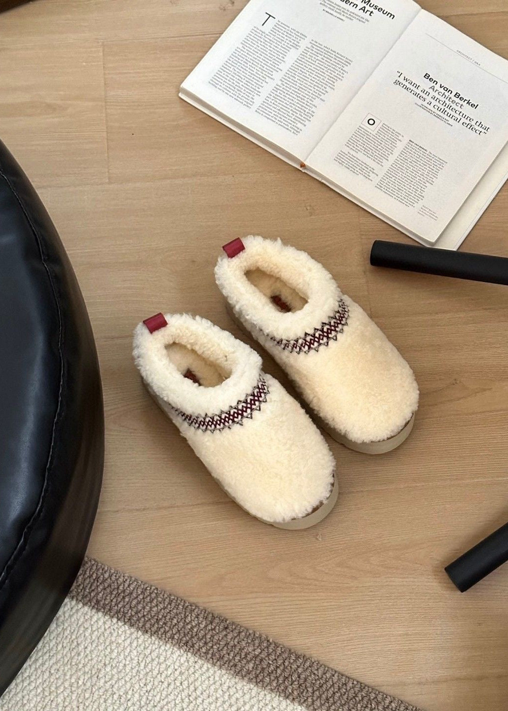 Teddy Fleece Platform Slippers with Contrast Stitching