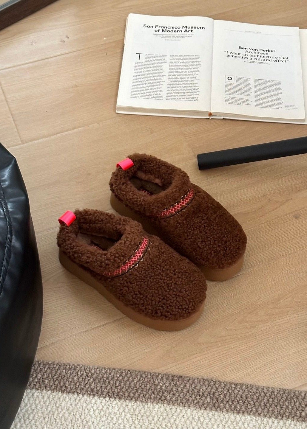 Teddy Fleece Platform Slippers with Contrast Stitching