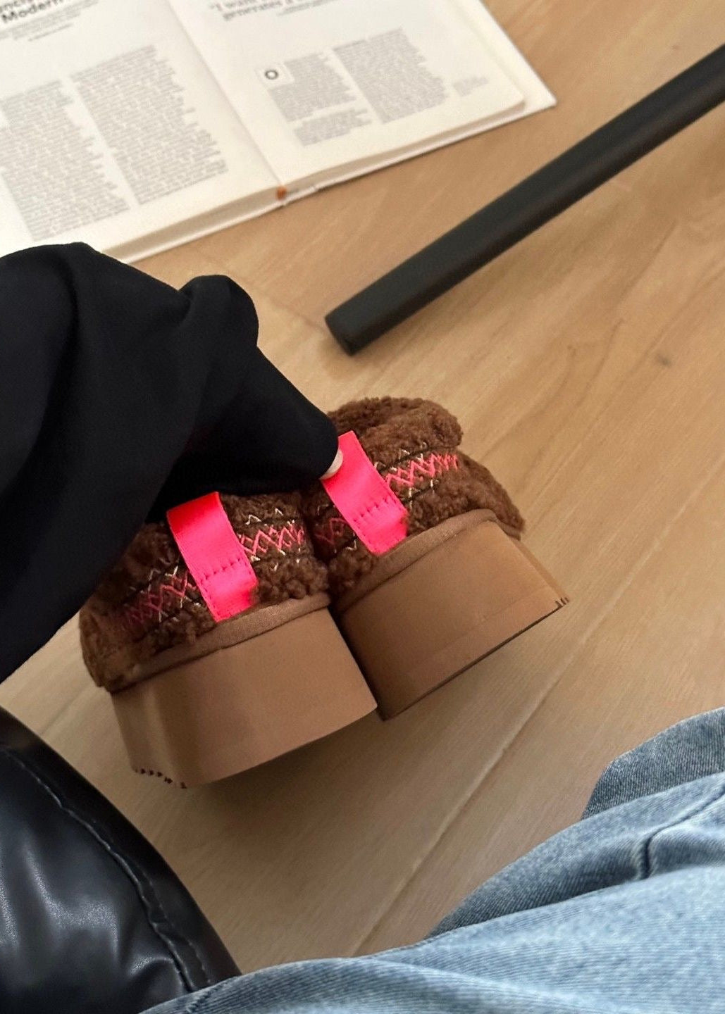 Teddy Fleece Platform Slippers with Contrast Stitching