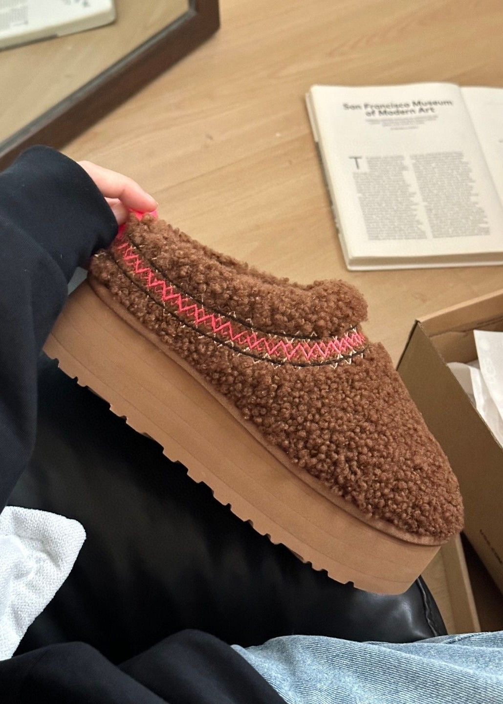 Teddy Fleece Platform Slippers with Contrast Stitching