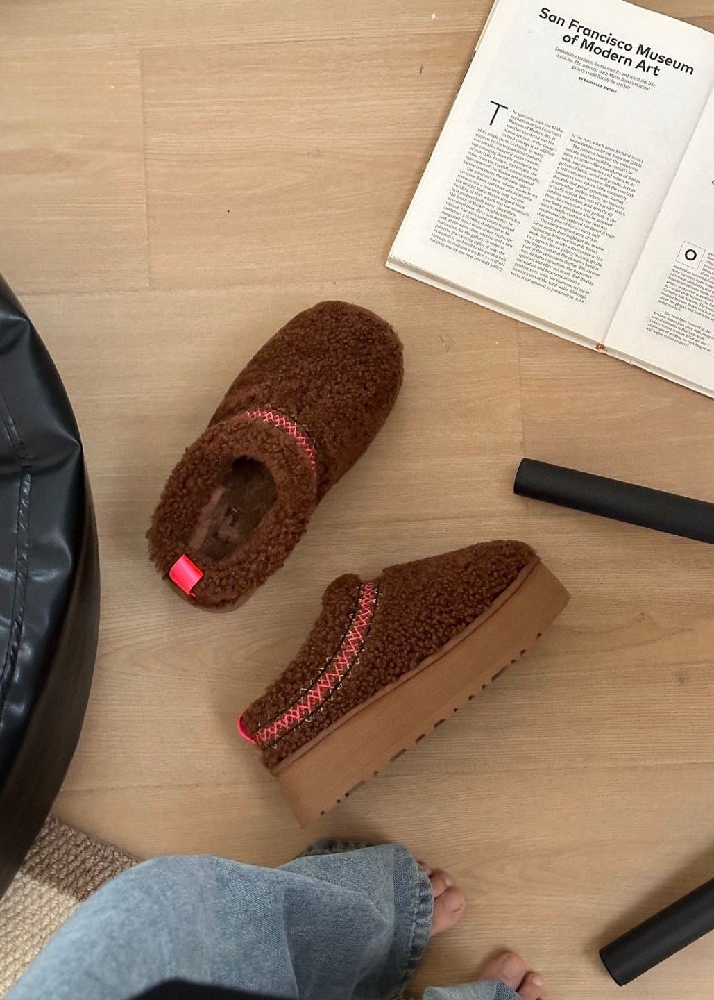 Teddy Fleece Platform Slippers with Contrast Stitching