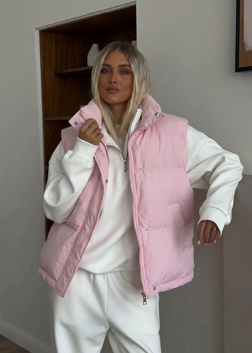 Stand Collar Puffer Vest with Zip Front and Side Pockets
