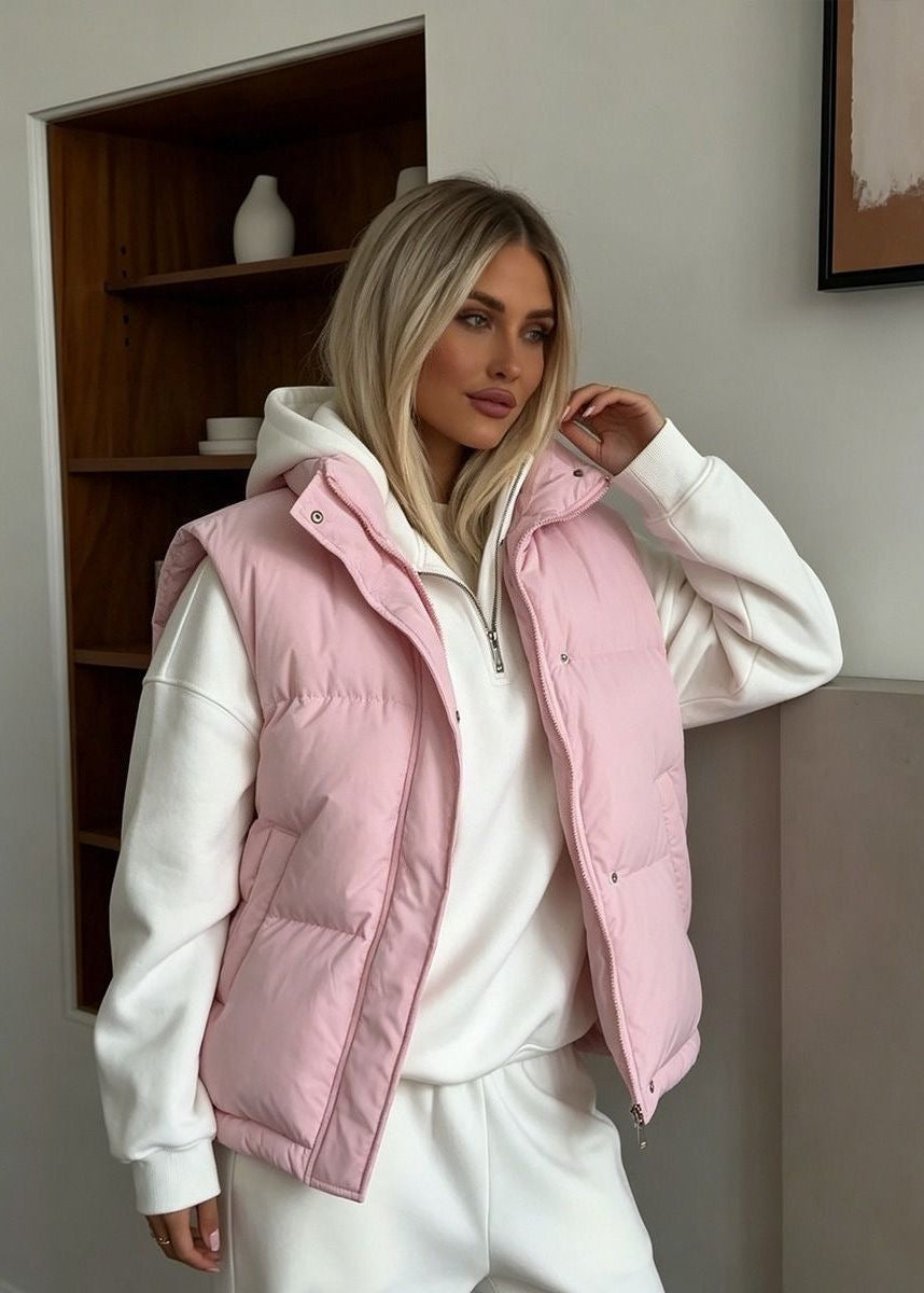 Stand Collar Puffer Vest with Zip Front and Side Pockets