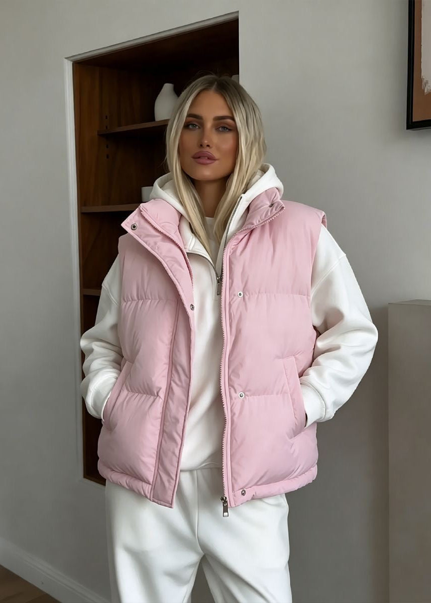 Stand Collar Puffer Vest with Zip Front and Side Pockets