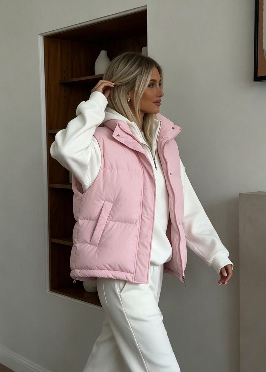 Stand Collar Puffer Vest with Zip Front and Side Pockets