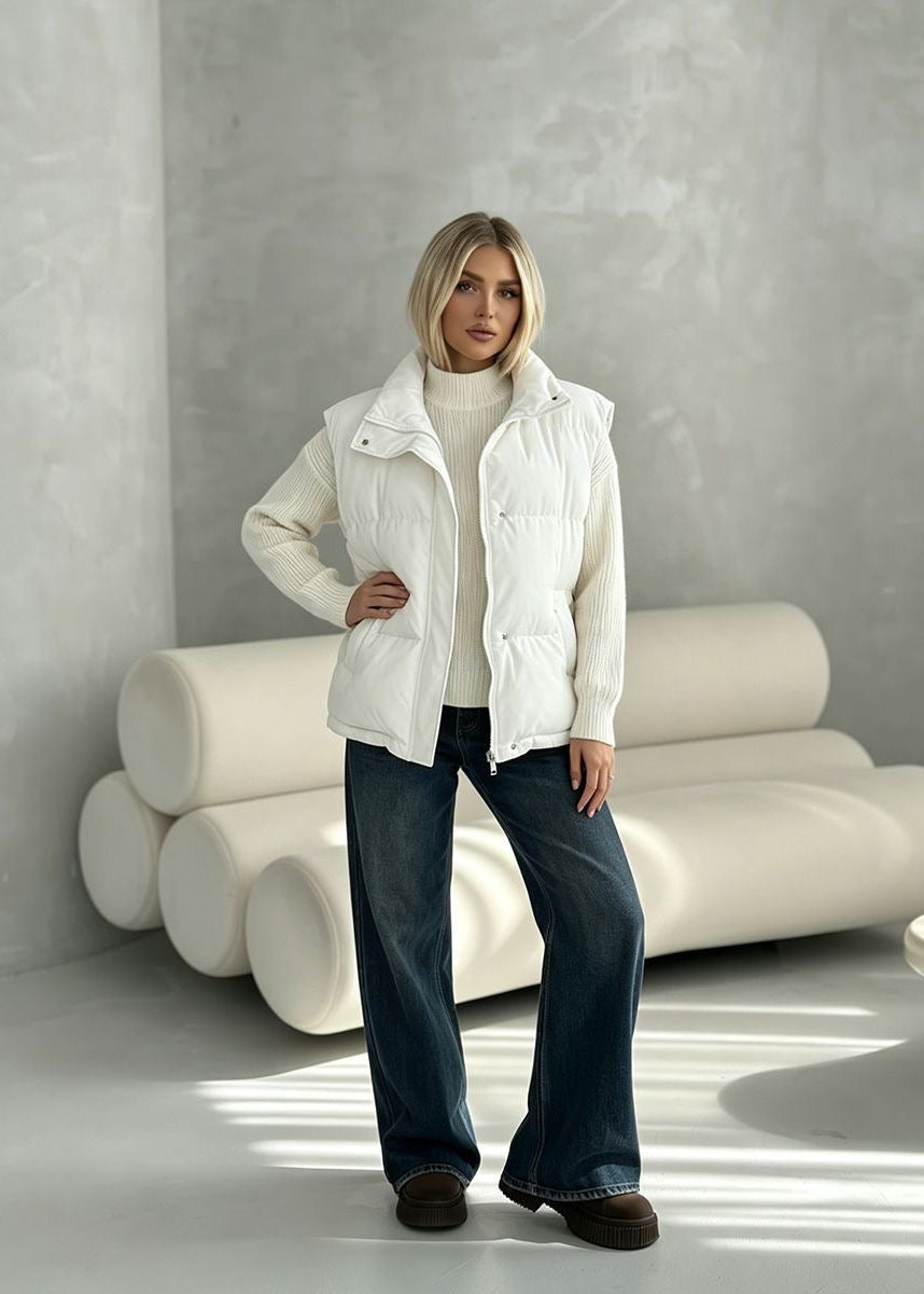 Stand Collar Puffer Vest with Zip Front and Side Pockets