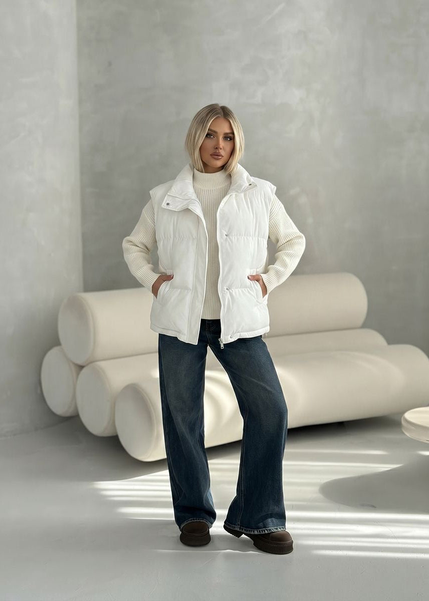 Stand Collar Puffer Vest with Zip Front and Side Pockets