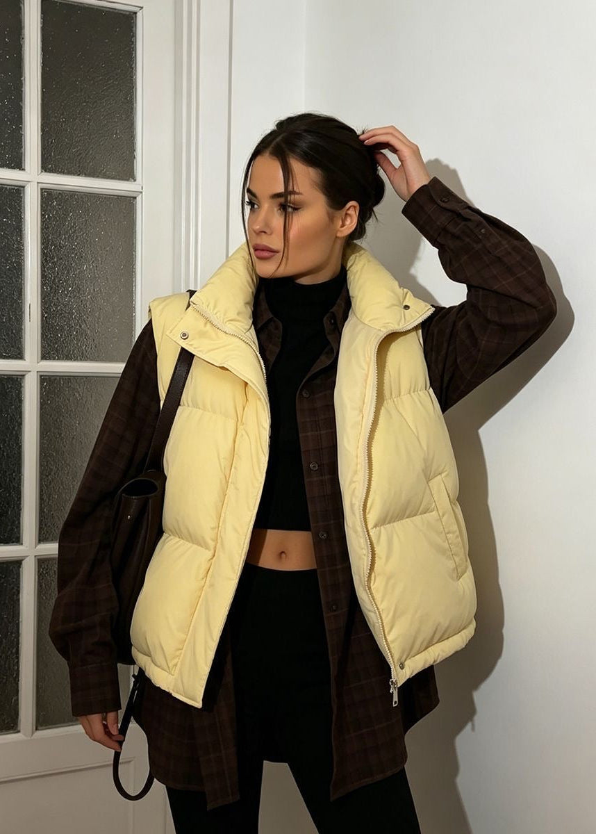 Stand Collar Puffer Vest with Zip Front and Side Pockets