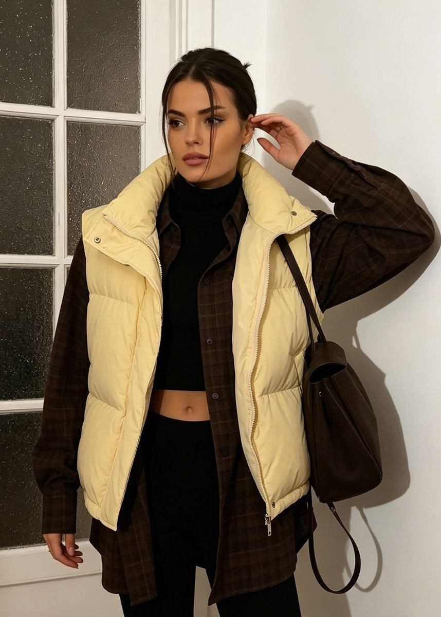 Stand Collar Puffer Vest with Zip Front and Side Pockets