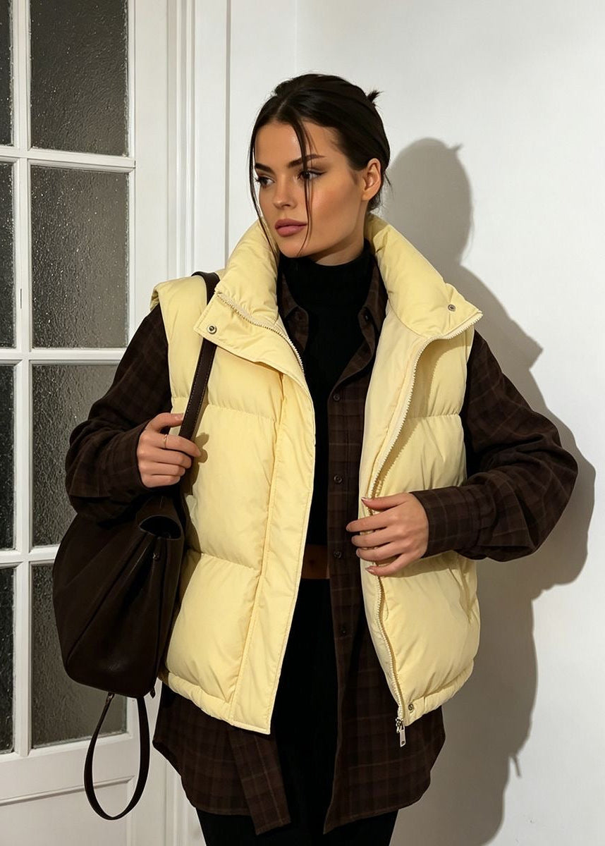 Stand Collar Puffer Vest with Zip Front and Side Pockets