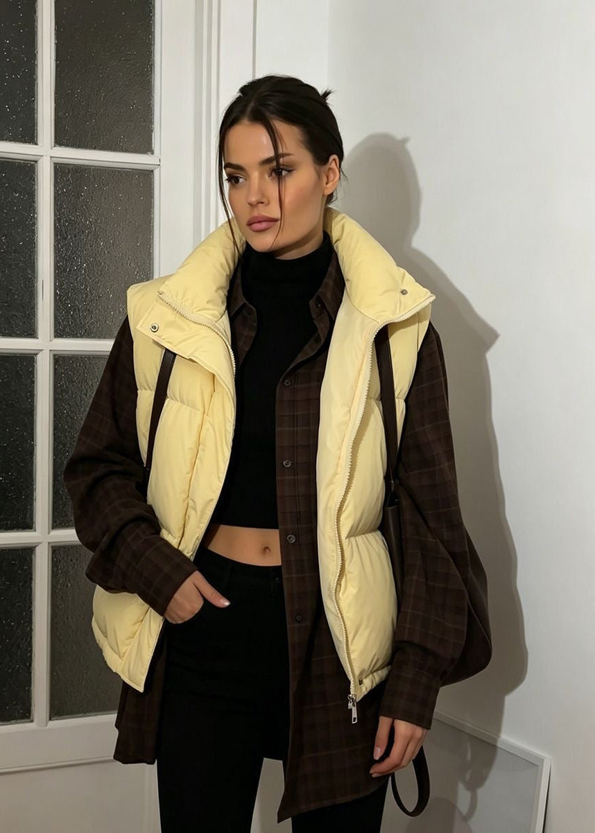 Stand Collar Puffer Vest with Zip Front and Side Pockets