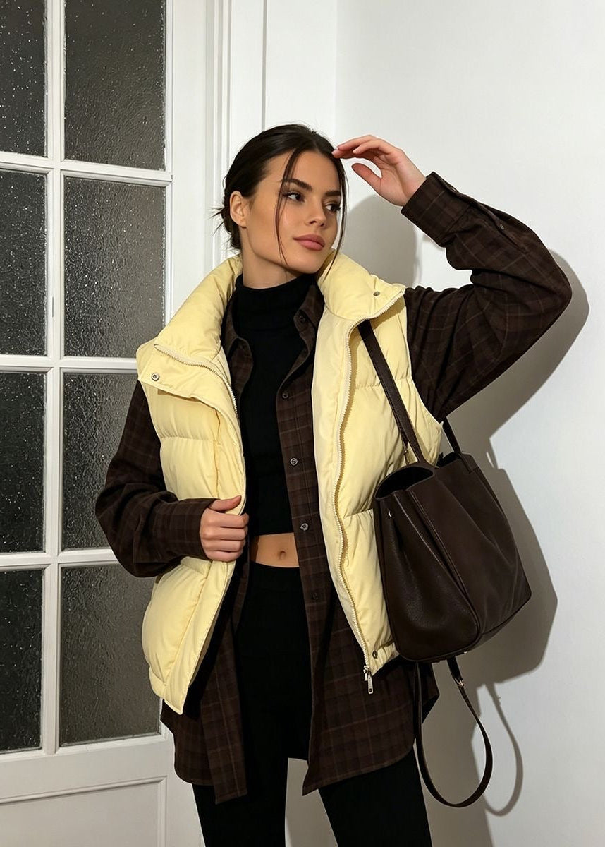 Stand Collar Puffer Vest with Zip Front and Side Pockets