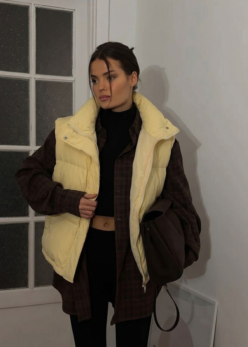 Stand Collar Puffer Vest with Zip Front and Side Pockets